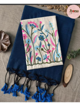 Khadi Cotton Saree Blue with Embroidered blouse