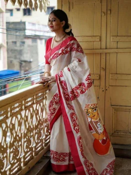 Linen Cotton Saree Red and Cream