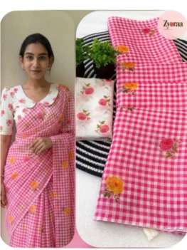 Linen Cotton Saree Check with flower print Pink