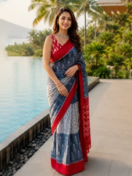 Printed Mul Cotton Saree - Blue and Red