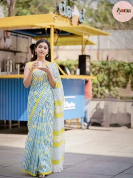 Linen Cotton Saree Blue and Yellow