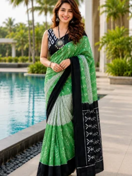 Printed Mul Cotton Saree - Black and Green