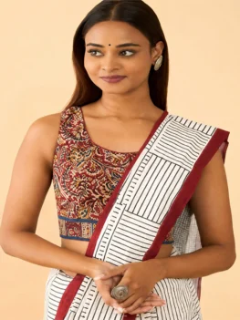 Linen Cotton Saree White and Red