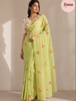 Linen Cotton Saree Check with flower print Green