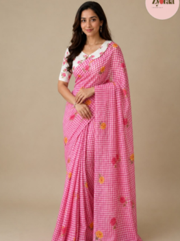 Linen Cotton Saree Check with flower print Pink
