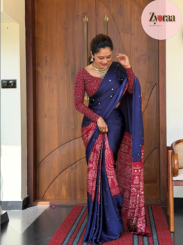 Gajji Silk Saree with Heavy Mirror Work (Blue and Red)
