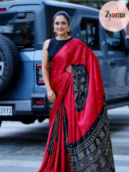 Gajji Silk Saree with Heavy Mirror Work  (Red and Black)