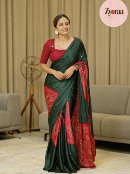 Gajji Silk Saree with Heavy Mirror Work (Green and Red)